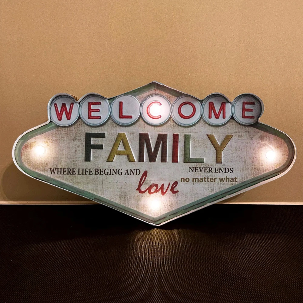 Welcome Love Family Retro Light Sign,Retro metal Tin Sign, Vintage wall Decoration LED Light Plaques For Living room 25x49x5 cm