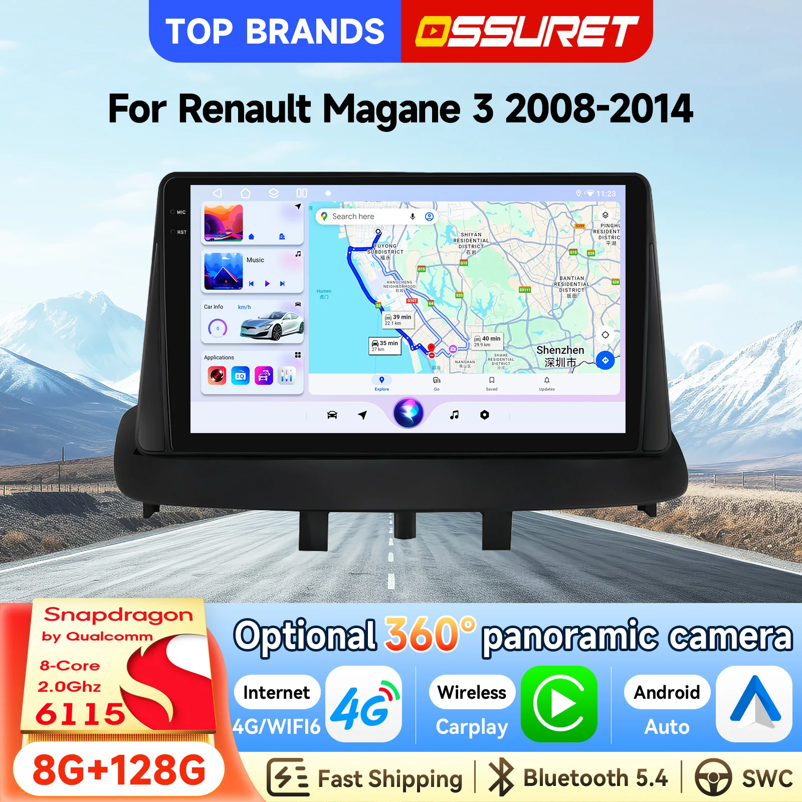 OSSURET 2 Din Autoradio Android 15 Autoradio für Renault Megane 3 2008-2014, optional 360°-Kamera °   Panoramakamera SWC CANBUS Kabelloses Carplay Android Auto DSP Audio 4G-LTE WiFi Geteilter