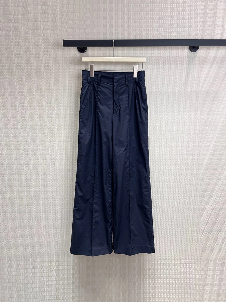 Spring Summer Fashion Dark Blue Simplicity Casual Cotton Wide Leg Trousers Women's Middle Waist Multi Pocket Versatile Pants