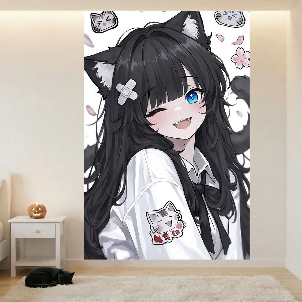 Cute Nekomimi Anime Girl Tapestry Kawaii Cartoon Cat Print Wall Hanging Tapestry Aesthetic Dorm Bedroom Background Wall Decor