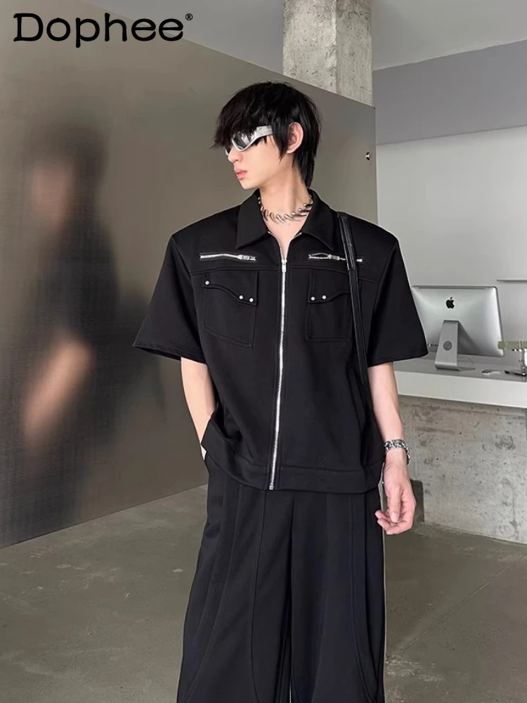 

American High Street Fashion Trendy Design Round Neck Half Sleeve Short Sleeve T-shirt Casual Loose Long Pants Jacket Suit Men