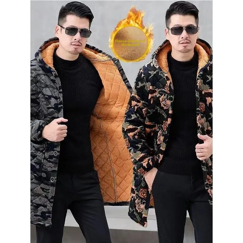 

Loose Fit Hooded Fce Lined Cotton Jaet Workwear Coat Long Thi Outerwear for Men And Women in Autumn And Winter