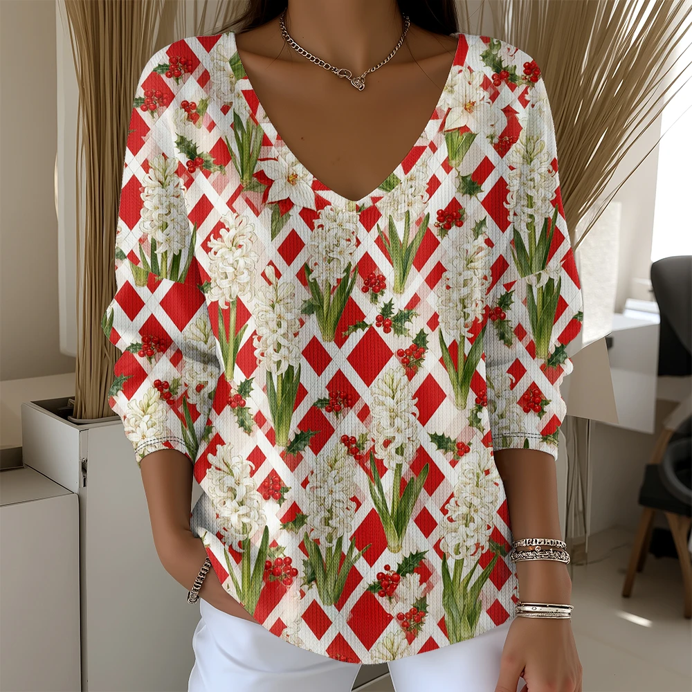

2025 Women's V-Neck Drop Shoulder Long Sleeve T-Shirt Pullovers Tops Autumn Winter Fashion Printing Streetwear
