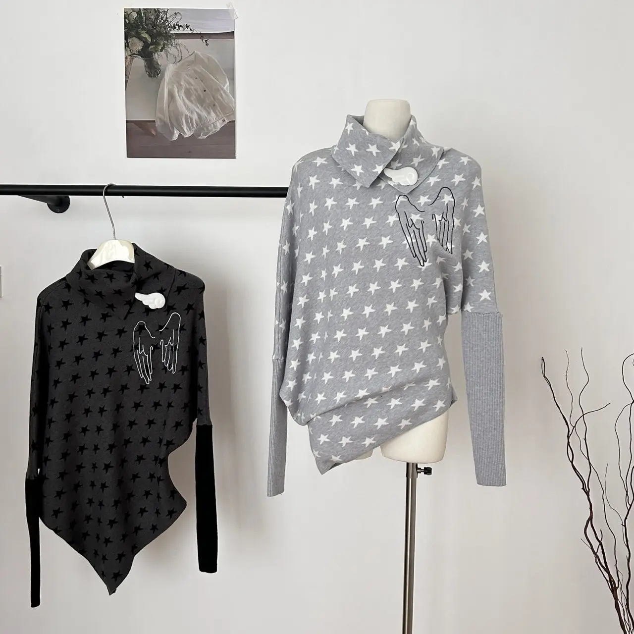 

Ifaion New Versatile Lazy Punk Star Wings Deep ey Bla Irregular Long Sve Top Ladies Daily Bat Sle T-irt Inner Wear