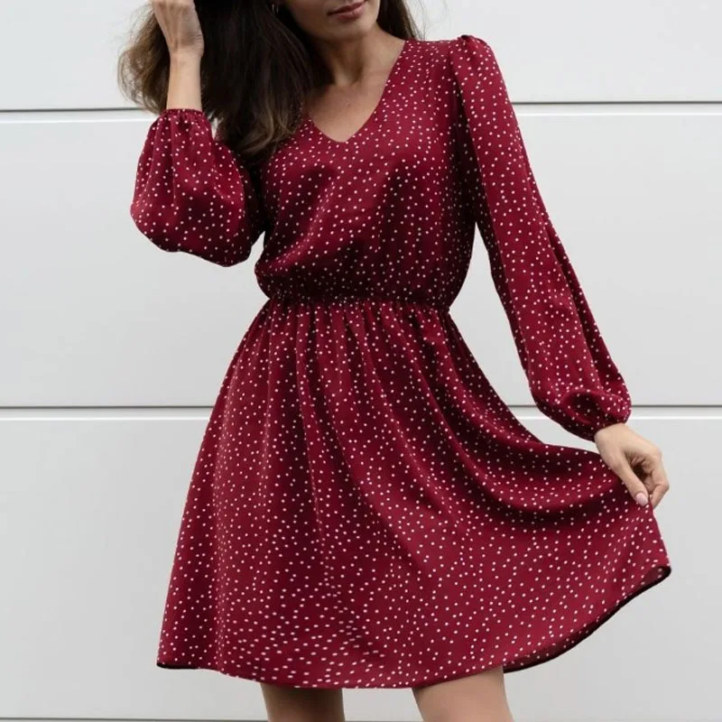 

Fashion V-Neck Dresses for Women Casual Long Sleeve Dot Women Dress Slim A-LINE Short Dress Women Vestidos De Verano Mujer Q2947