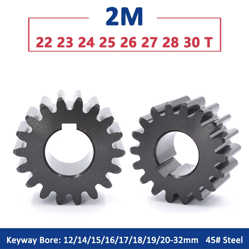 

1pc 22T-30T 2M Spur Gear 45# Steel 22 23 24 25 26 27 28 30 Teeth Drive Flat Gear Keyway Bore 12/14/15/16/17/18/19/20/22/24-32mm