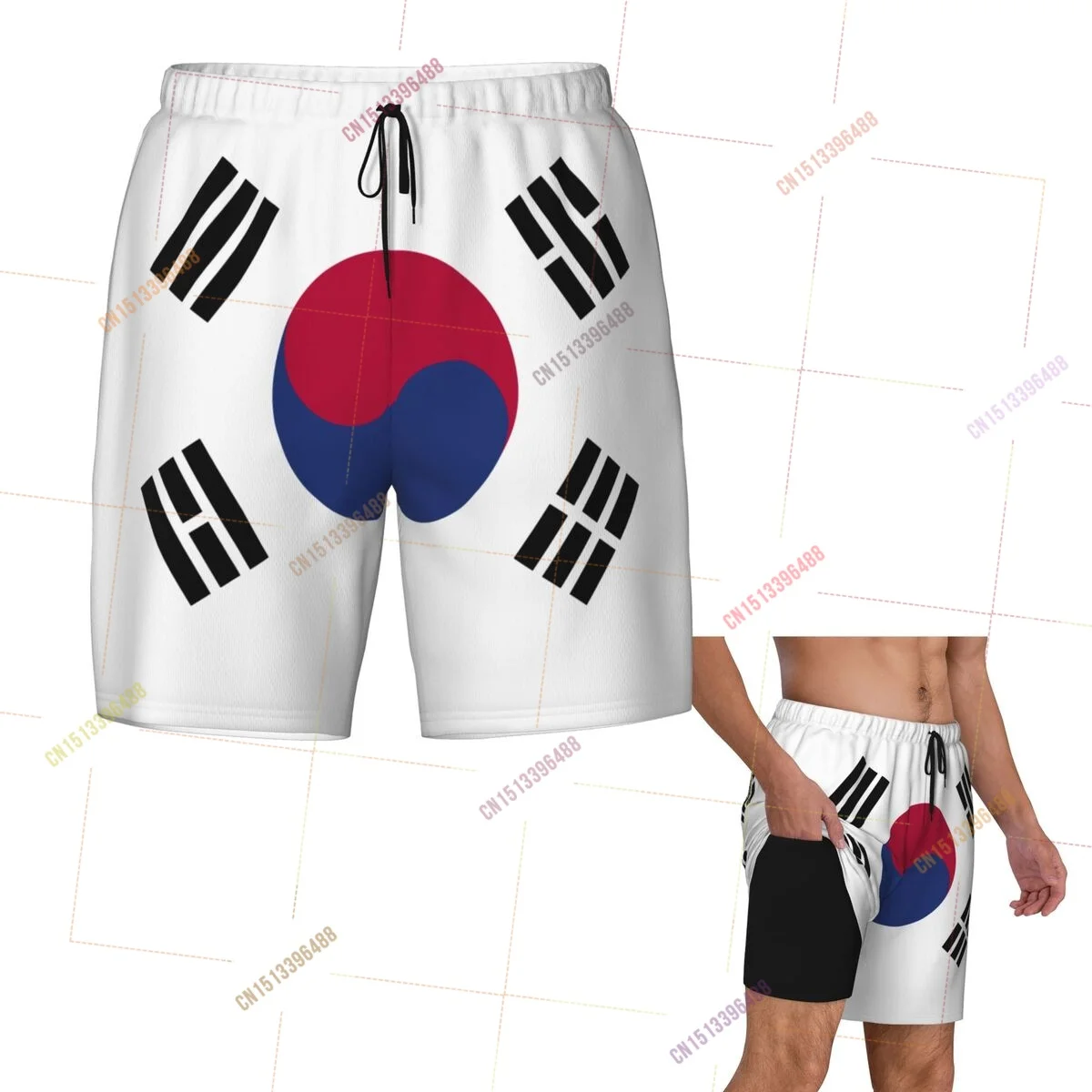 

2026 South Korea Flag Top Print 3D Mens Swimming Trunks Hawaiian Bathing Beach 2 in 1 Quick-Dry Summer Swim Shorts With Pockets