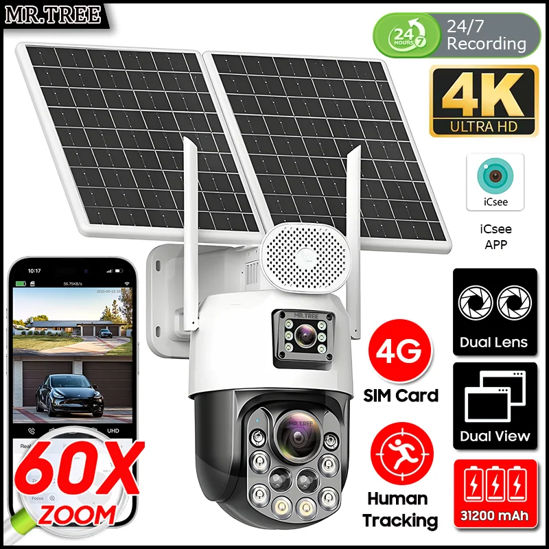 

Icsee Home 4G SIM 25W Solar Panel Camera 60x Zoom Outdoor 31200 Mah Battery Night Vision AOV Smart Auto Tracking PTZ CCTV Camera