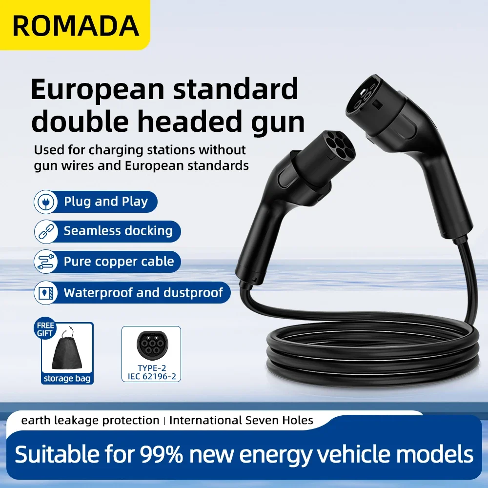 Potable Type 2 to Type 2 EV Charging Cable 32A 7kW 1Phase Electric Vehicle Cord 3M-10M EVSE Charging Station Female to Male Plug