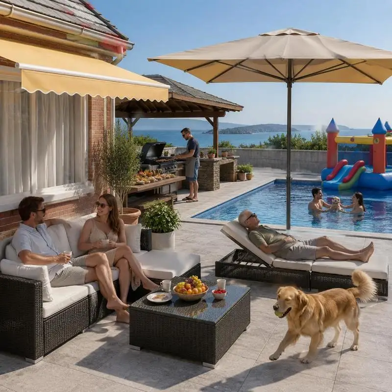 Auvent rétractable Sable 3 x 2,5 m en polyester et aluminium. Installé sur les patios, les murs de balcon et les murs extérieurs des villas pour bloquer la forte lumière du soleil et la pluie légère.
