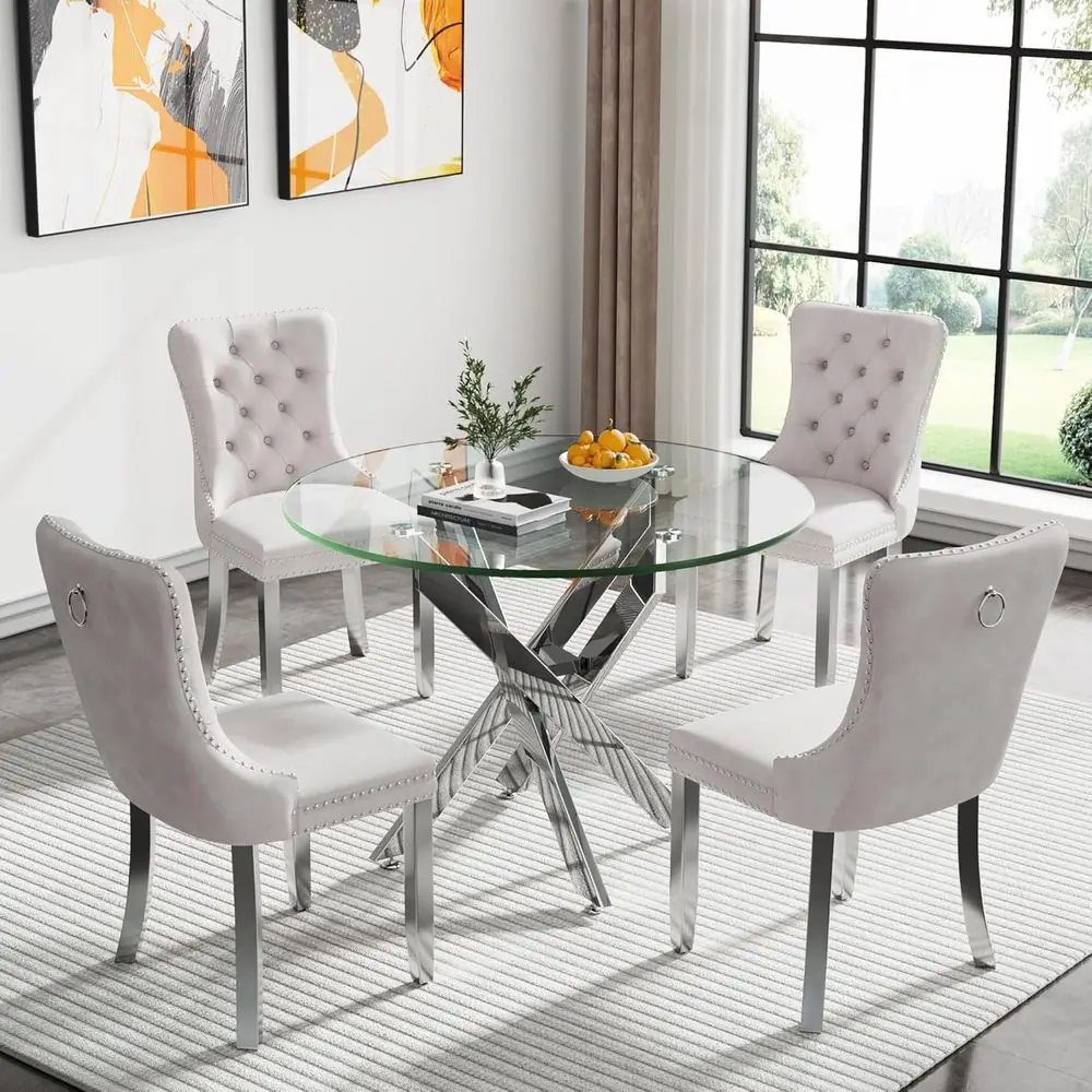 

Round Glass Dining Table Set for 4, Small Kitchen Table Set for 4, 35 Round Glass Table with 4 Chairs, 5-Piece Dining Set with B