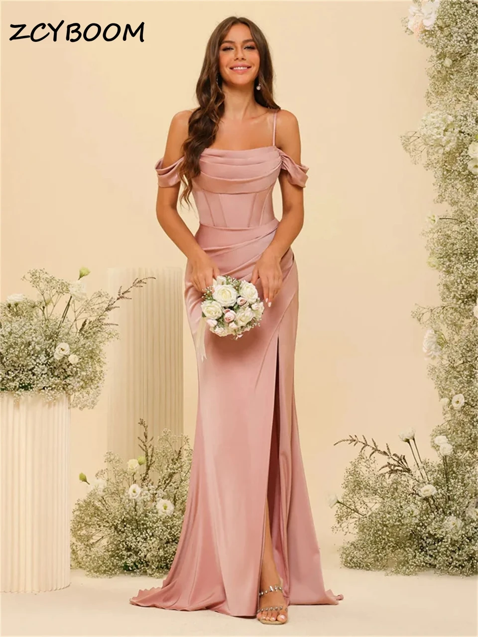 Robe de Soirée Formelle Personnalisée, Col Bateau, Bretelles Spaghetti, Décolmétrage, Fente Haute, Balayage, Traîne, Bal, 2024