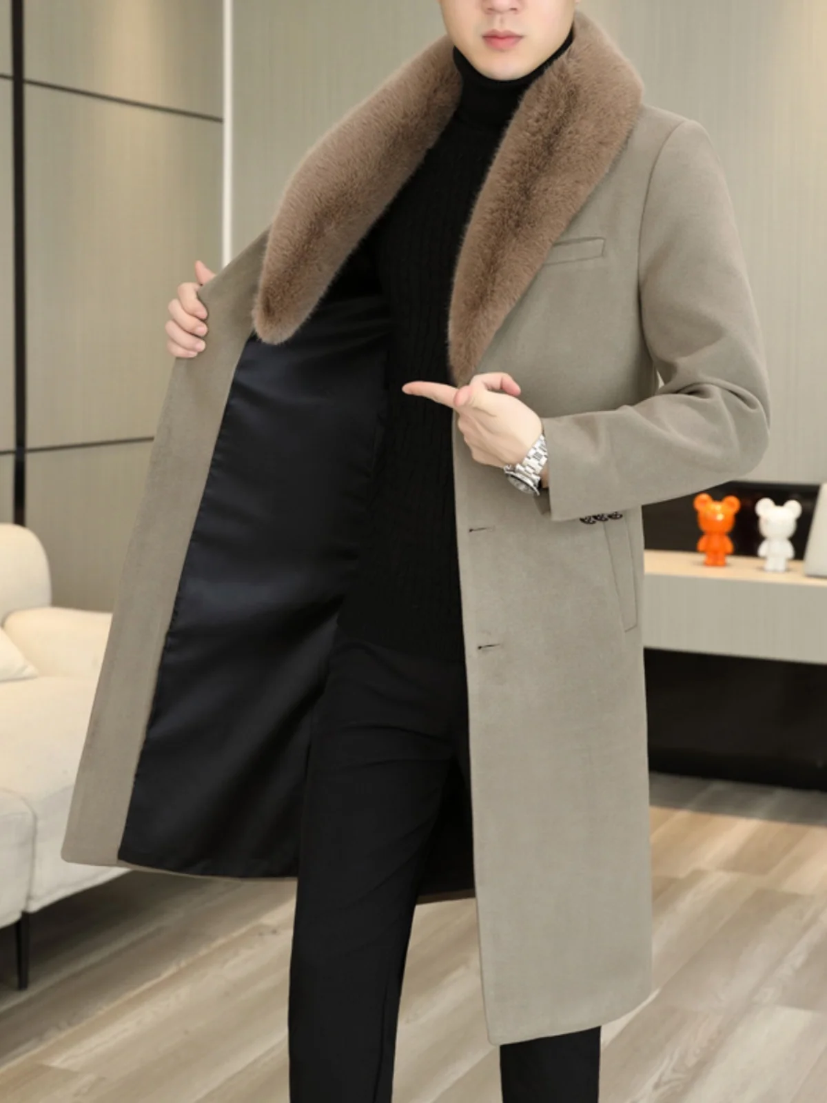 

Men's Long Overcoat Knee-Length Autumn Winter Faion Casual Thiened Wool Collar Windbreaker Youth Vitali Sle Pure Color