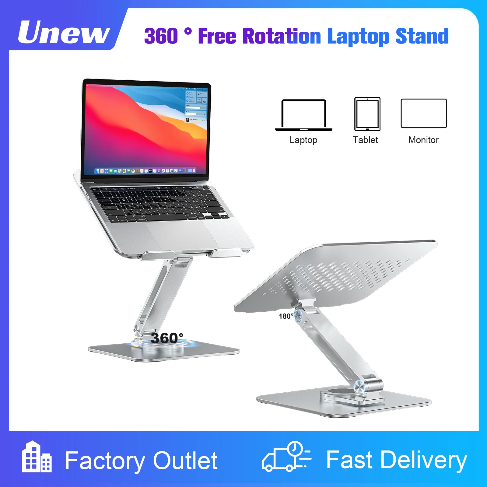 

Premium Aluminum Laptop Stand: 360° Adjustable Rotation & Anti-Slip Silicone Base for Ergonomic Workspace Stability ﻿