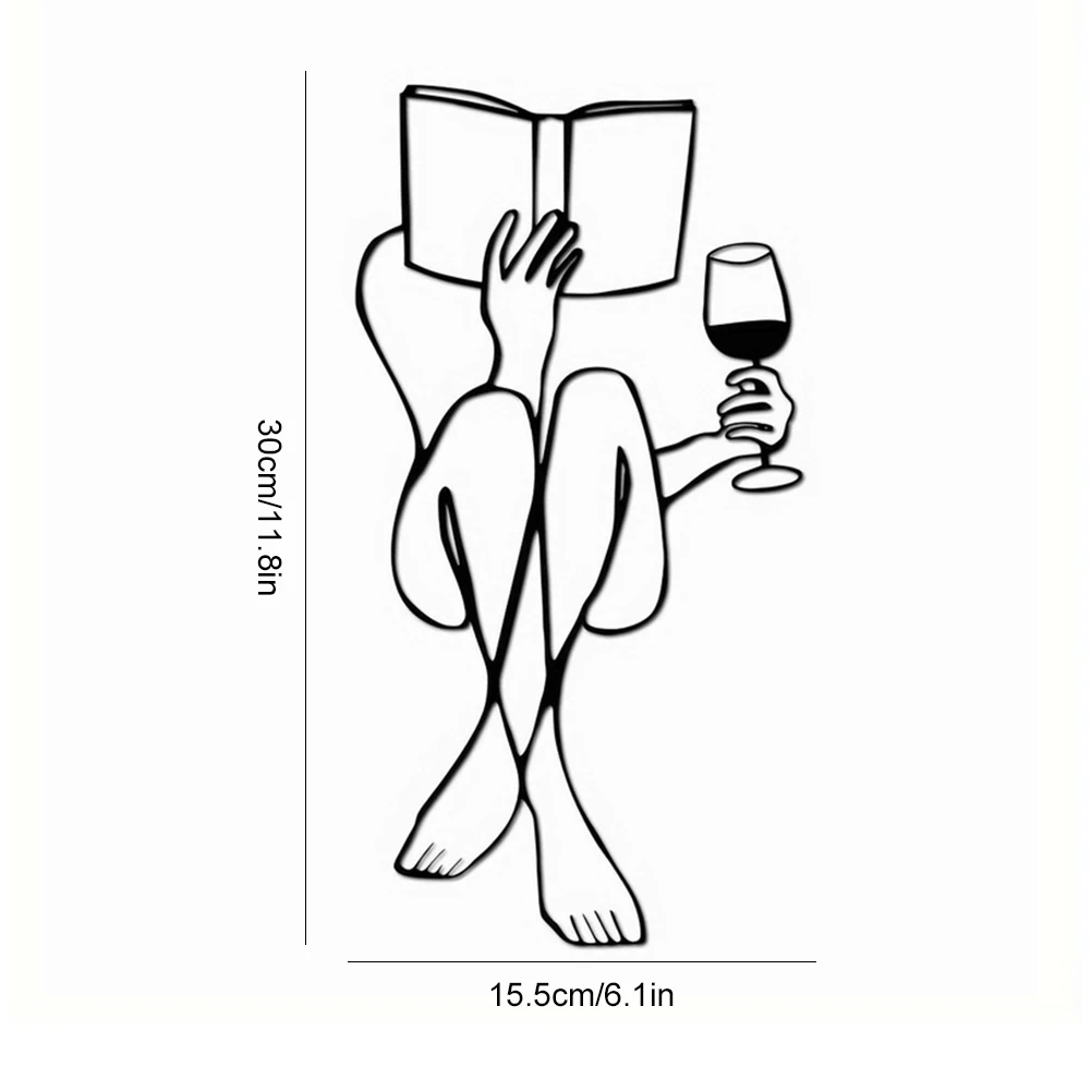 책을 읽고 와인을 마시는 여성 추상 금속 벽 예술, 미니멀리스트 추상 여성 독서 금속 벽 예술, 홈 아트 장식