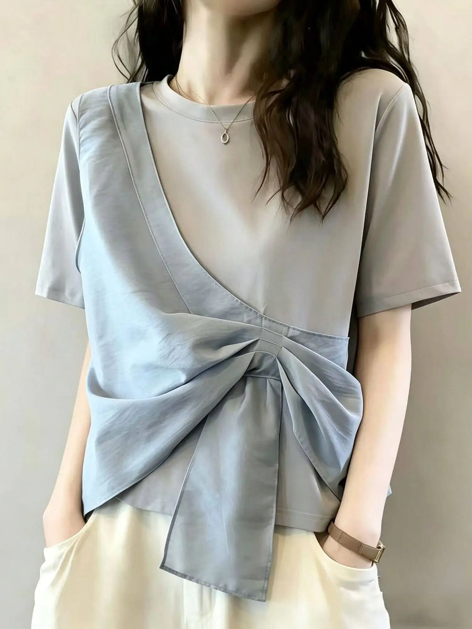 

Summer New Women's round Neck Short Sleeve T-Shirt Patchwork Color Block Design Casual Versatile Shoulder Line Fitting Top