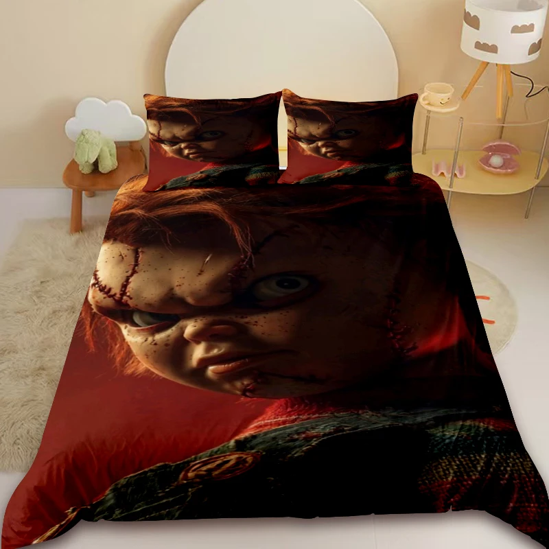 

Duvet Cover Saw-themed bedding set featuring the horror movie character Chucky, including a duvet cover, pillowcases kids gift