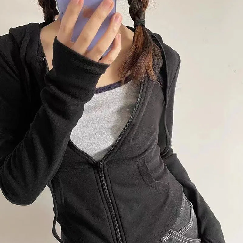 Sudadera básica con bolsillos y capucha para mujer, sudaderas con capucha de manga larga con cremallera de Color sólido, chaquetas Y2K ajustadas para Otoño e Invierno 2025