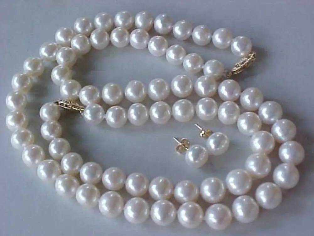 

AA 9-10MM AAA GENUINE WHITE AKOYA PEARL NECKLACE BRACELET & EARRINGS SET 18"7.5"