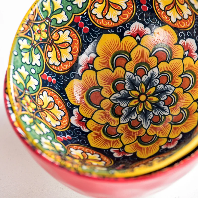 6Pcs Bohemian Ceramic Bowl Set, Vintage Tableware, Rice Soup Bowl, Multifunctional Kitchen Serving Bowl for Home Dining