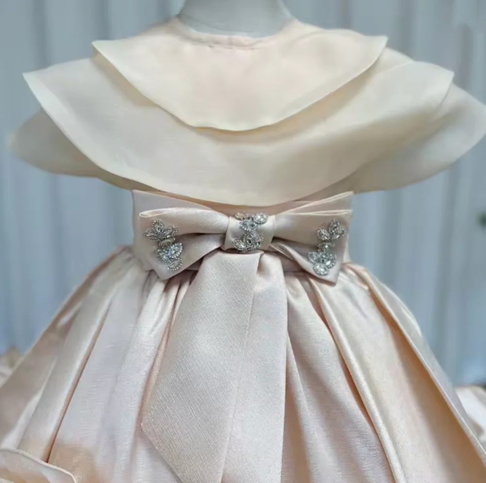

Elegant Beige Girl Dresses Handmade Flowers with Kids Wedding Birthday Holiday Party Gown 2025