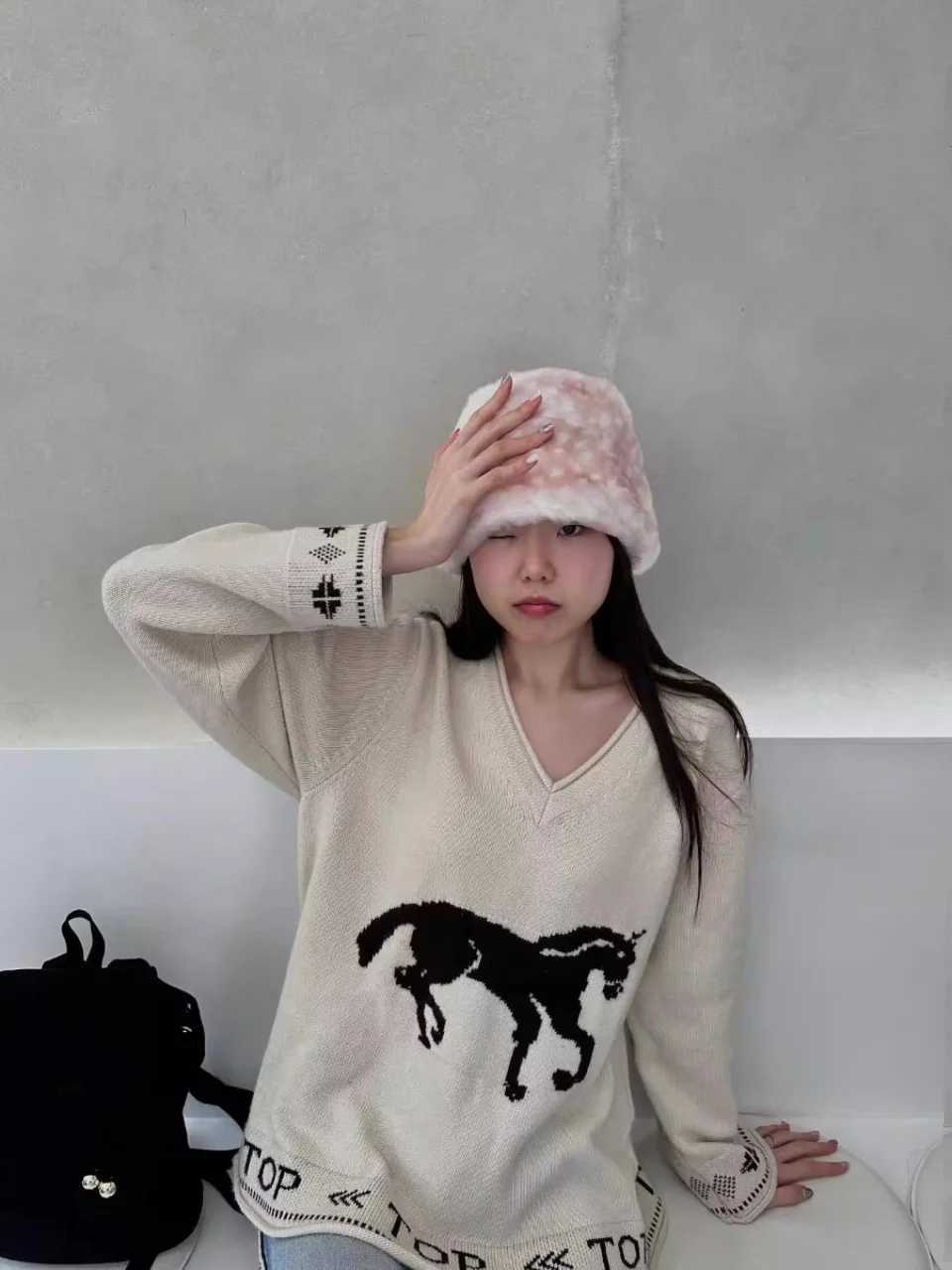 

Trendy V-ne Long Knitted Dr Sweater Women's Faion Versatile Loose Fit Letter Pattern Warm Woolen Autumn Winter Wear