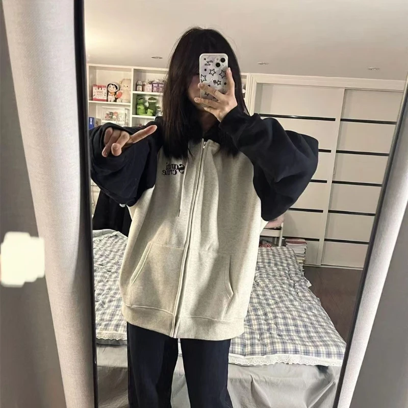 Deeptown Vintage Hoodies Women Casual Korean Preppy Style Oversized Basic Zip Up Sweatshirts Autumn Chic Female Harajuku Fashion