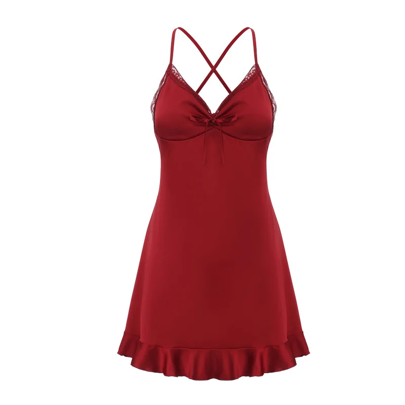 Sexy Lingerie Satin Tie Pushup Backless Padded Spaghetti Strap Babydoll Robe Women Homewear Set Hot Erotic Lace Nightgown