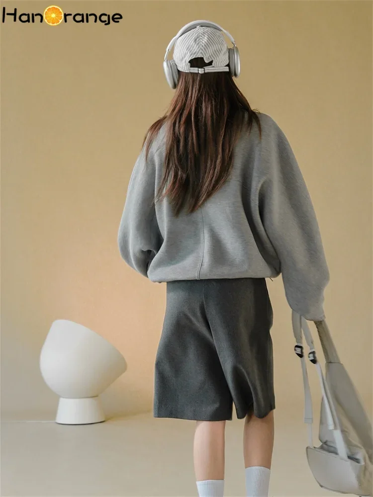 HanOrange 2025 Early Spring Fashion Half Turtleneck Air Layer Pullover Sweatshirt Women Loose Casual Top Grey/Navy Blue