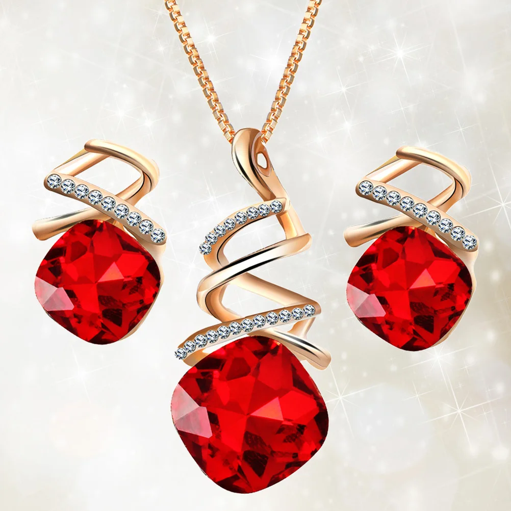 

Crystal Spiral Necklace Earrings Set Red Water Drop Zircon Jewelry For Women Adjustable Gift Valentine Party Wedding