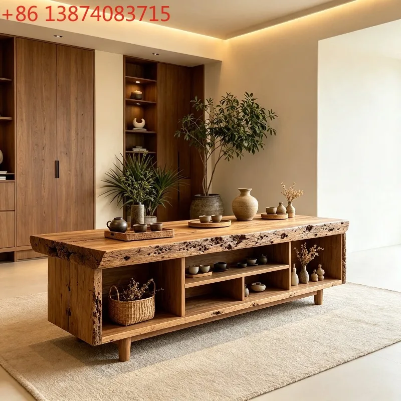 Solid wood log color living room floor-to-ceiling bedroom TV cabinet, household audio-visual cabinet