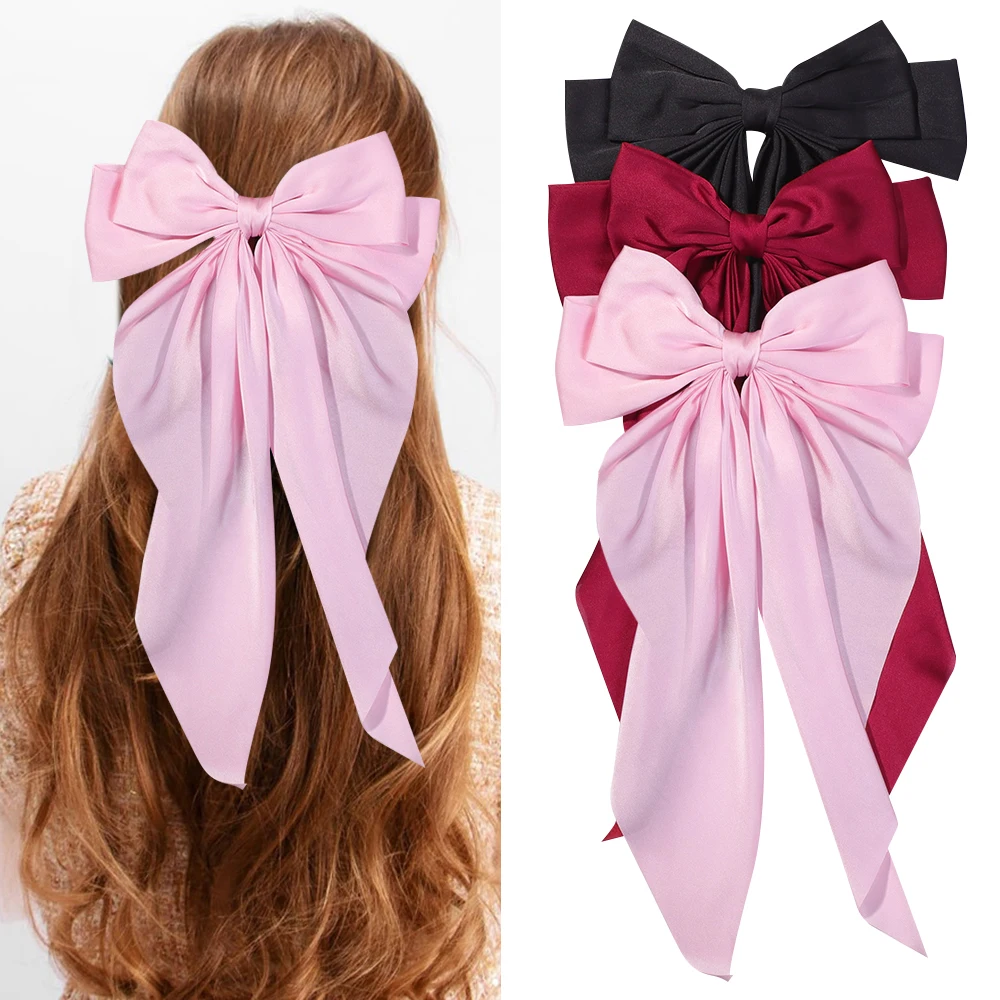 2/3Pcs Set Elegant Bow Ribbon Hair Clip Fashion Solid Bowknot Satin Hairpin Barrettes Girls Ponytail Clip Women Hair Accessories