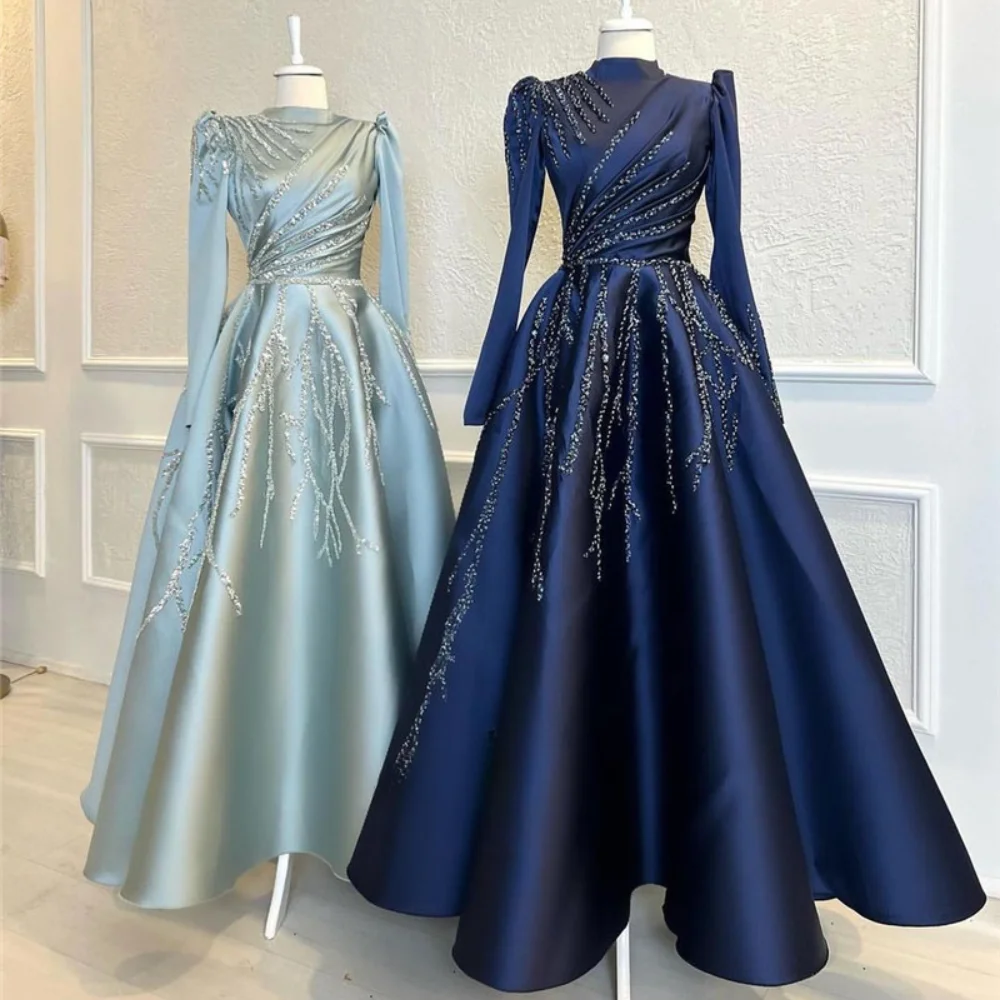 Chic High Collar Women Prom Dresses Luxury Beads Sequined Pleat Formal Evening Gowns Long Sleeves Sparkly A-Line Party Dresses