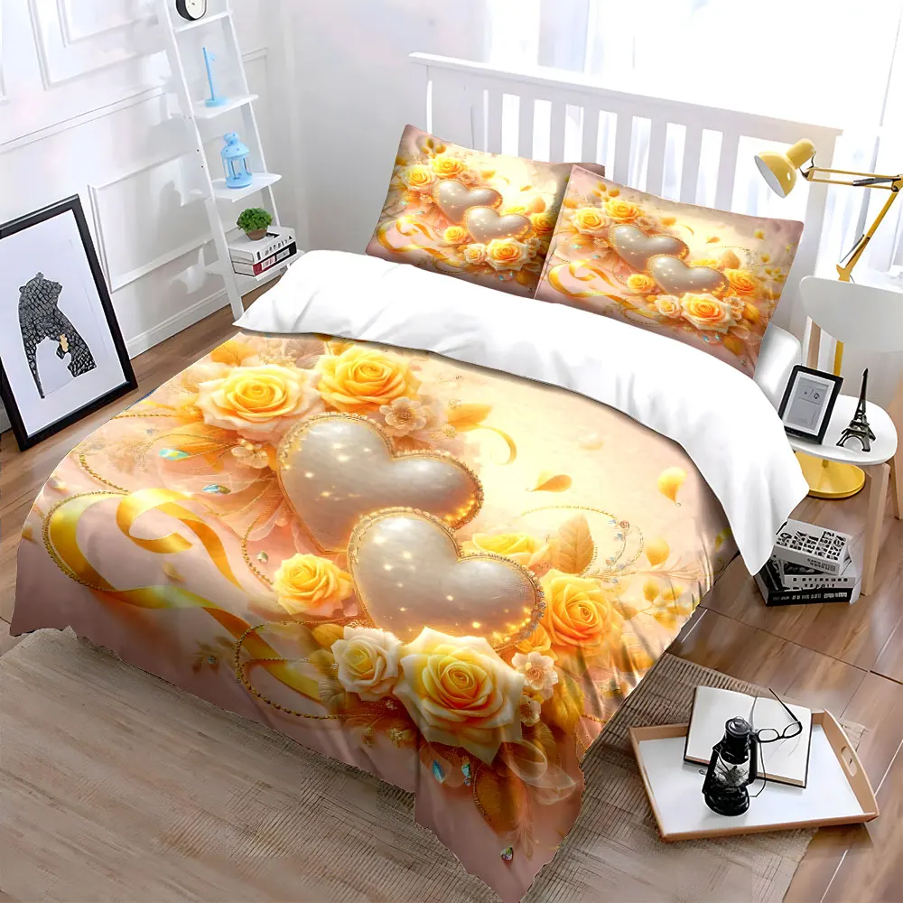 Golden Roses and Sparkling Hearts Duvet Cover Set with 3D Printing Design Soft Polyester Bedding Set All-Season Comfort