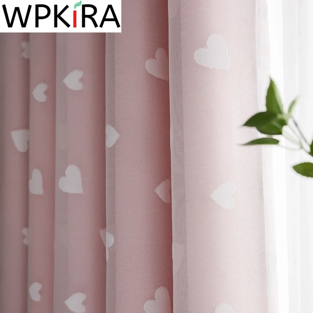 

Cartooon Heart Embroidered Tulle Double Pink Blackout Curtains for Baby Girls Princess Bedroom Modern Lovely Window Drapes AD730