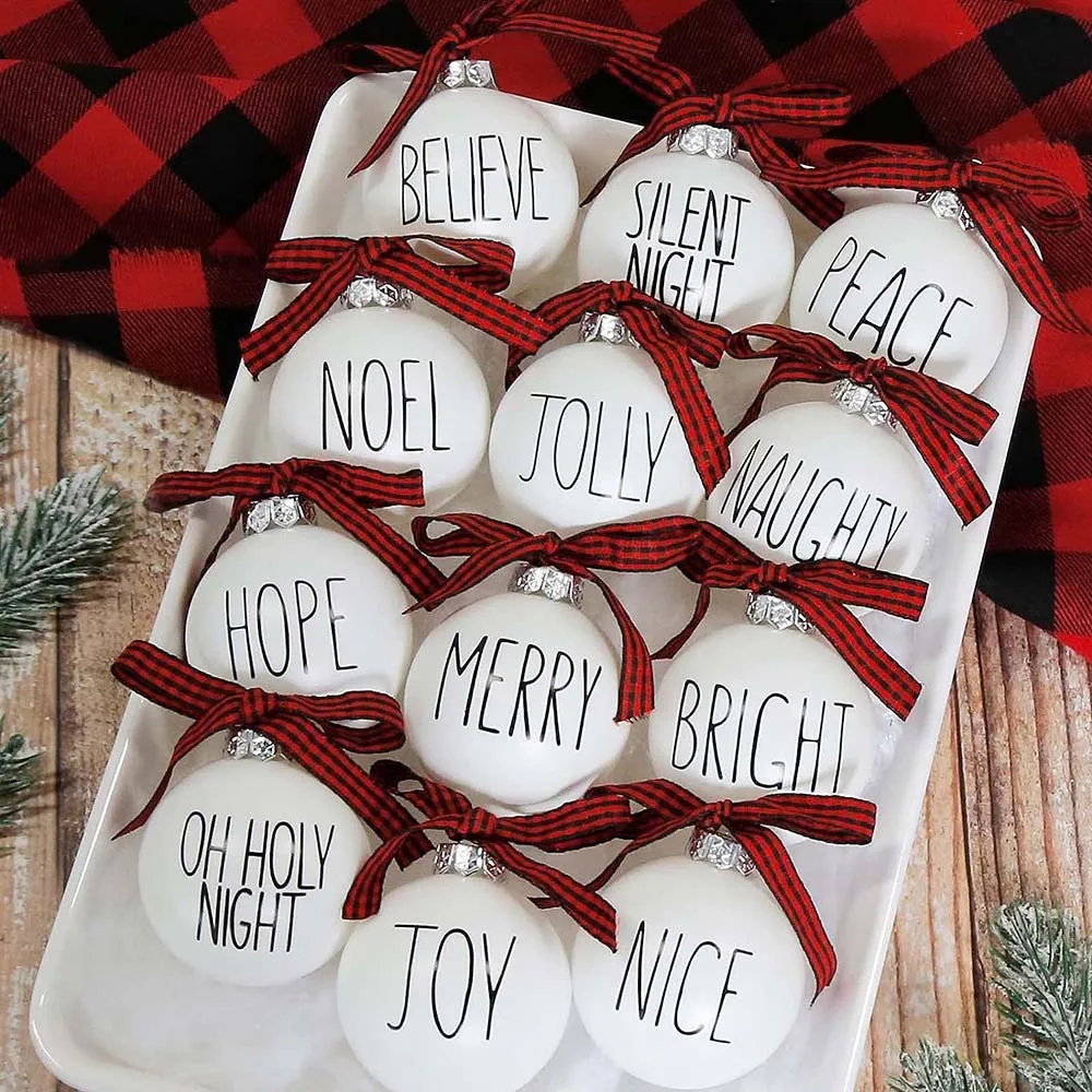 

12pc Christmas Ornaments Shatterproof White Bulbs Adorned with Buffalo Plaid Bows Christmas Tree Decorations for Xmas Tree Decor