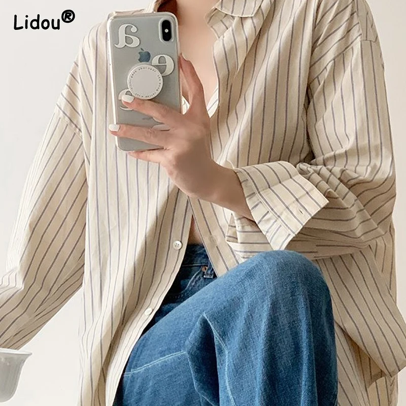 2023 Women\'s Clothing Fashion Casual Korean Striped Loose Button Capable Turn-down Collar Young Style Spring Summer Thin Blouses