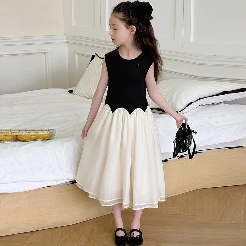 

2025 Korean Summer Children Girl Sleeveless Dress Teenager Girl Dress Patchwork Gauze School Girl Princess Dress Elegant Dress