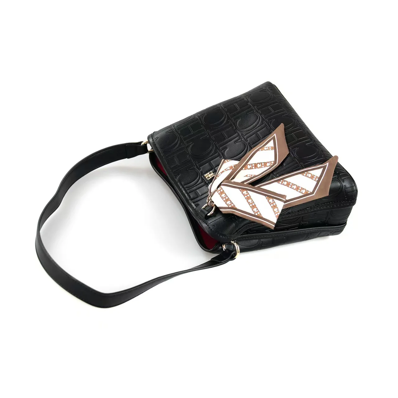 CH new retro embossed single-shoulder bag, European and American style letter old flower crossbody bag, women's bag with scarf