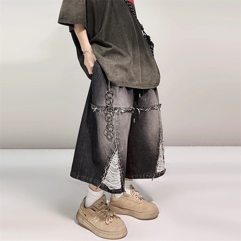 Vintage Denim Shorts Men Summer Ripped Hole Hip Hop Jeans Shorts Streetwear Harajuku Black Elastic Waist Knee Length Pants