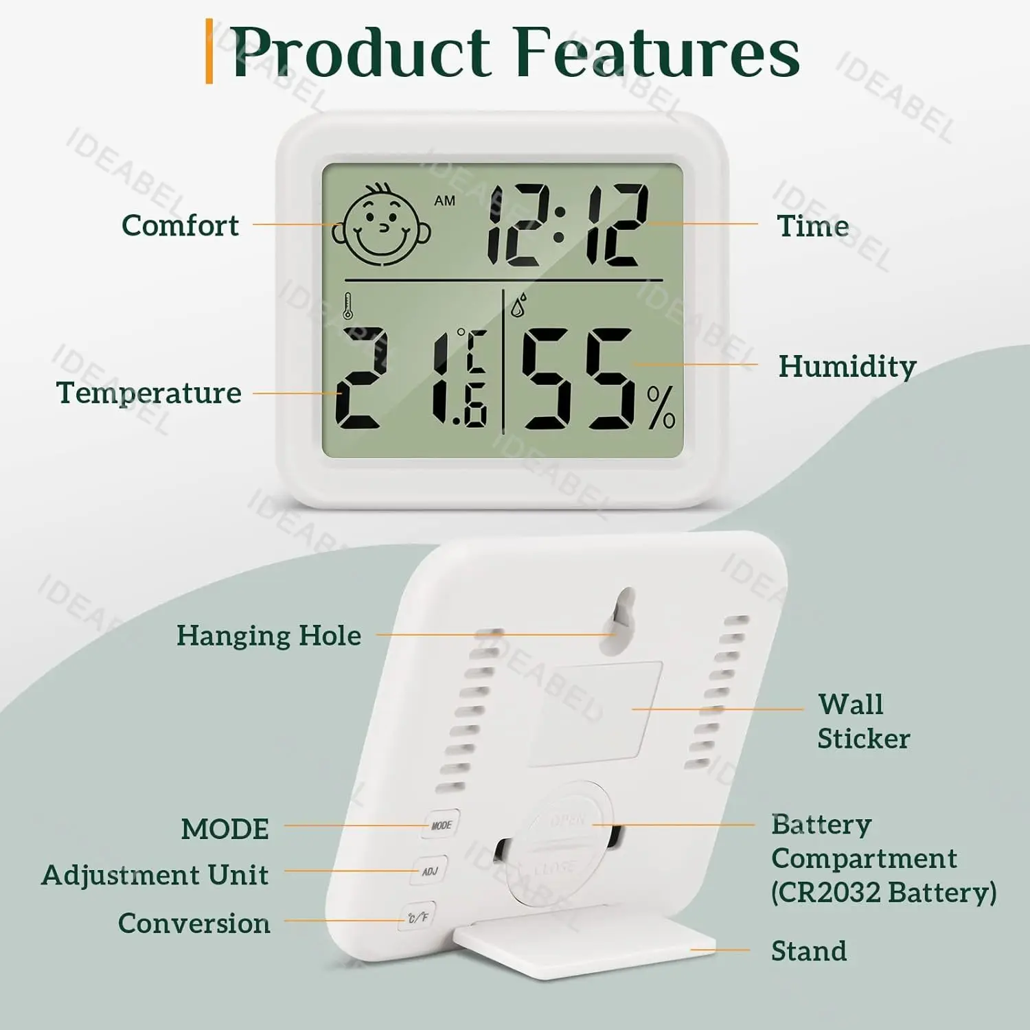 IDEABEL Digital Desk Wall Clock Temperature Humidity 3.2inch LCD Digital Display Operated clock Home Kitchen Office Decorations