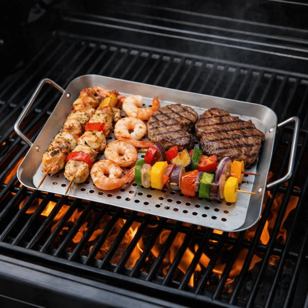 

Double Handle Stainless Steel Grilling Tray Non-stick Drainable French Fries Fryer Basket Anti-rust Hollow Design