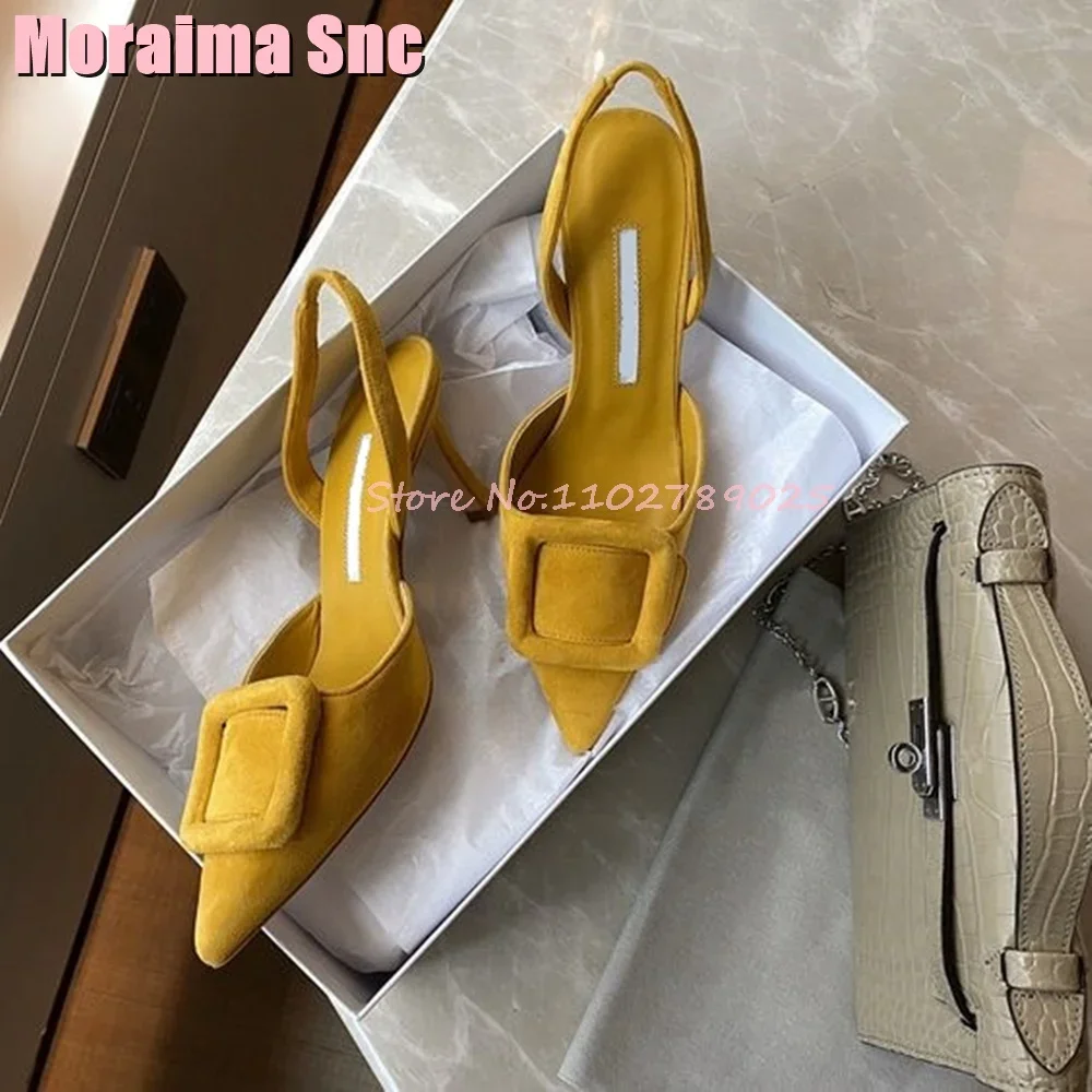 Suede sandal kulit gesper tali belakang, Kasut Stiletto hak tinggi seksi elegan musim panas untuk wanita
