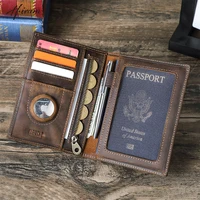 Porta pasaporte de cuero de vaca genuino, billetera de viaje con funda Airtag, tarjetero de bolsillo antipérdida, funda para pasaporte con bloqueo RFID