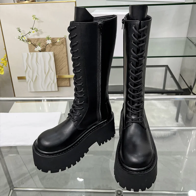 

High quality Winter and autumn new style women's thick-soled lace-up mid-calf boots made of cowhide material 25090731