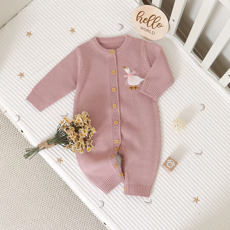 Baby Rompers Knit Embroidered Goose Newborn Girl Boy Jumpsuit Long Sleeve Fall Infant Kid Clothes 0-18M Overalls Winter Playsuit