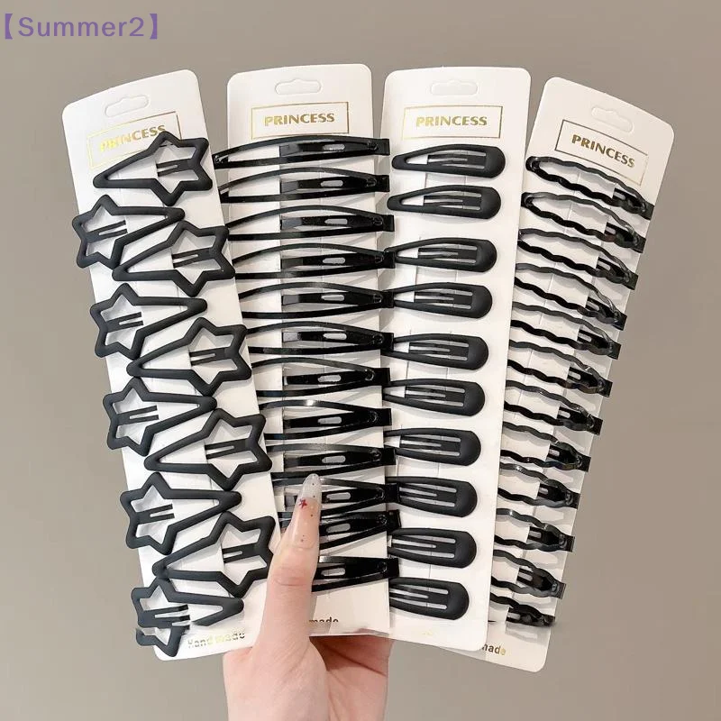 10/12Pcs Matte Black Geometric Hair Pins Star Wave Square Shape BB Clips For Bangs Fixing Daily Hairstyling Hair Accessories{S}