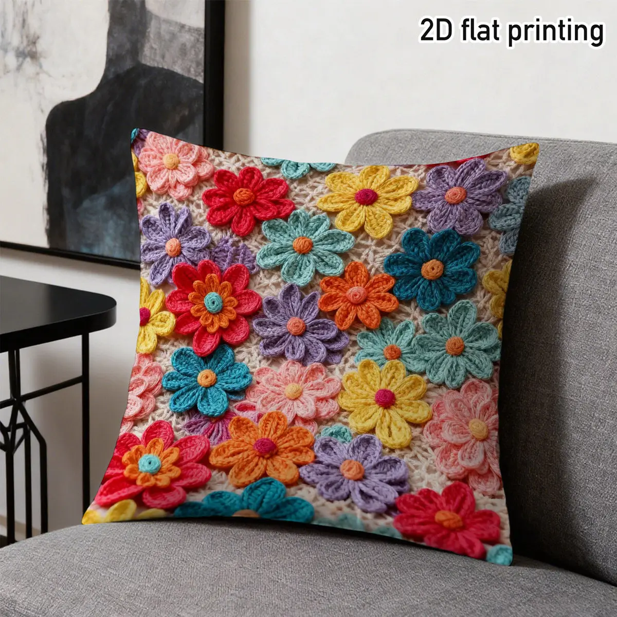 Boho 2D Häkelblumen-Kissenbezug, bunter gestrickter Blumenmuster-Dekokissenbezug für ästhetische Wohndekoration, Geschenk