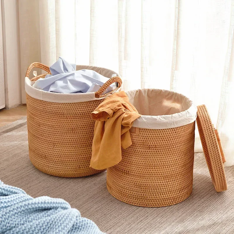 Round Laundry Basket Binears, Natural Rattan Environmental Protection Dirty Clothes Basket, Safe, Eco-Friendly, Handheld Storage