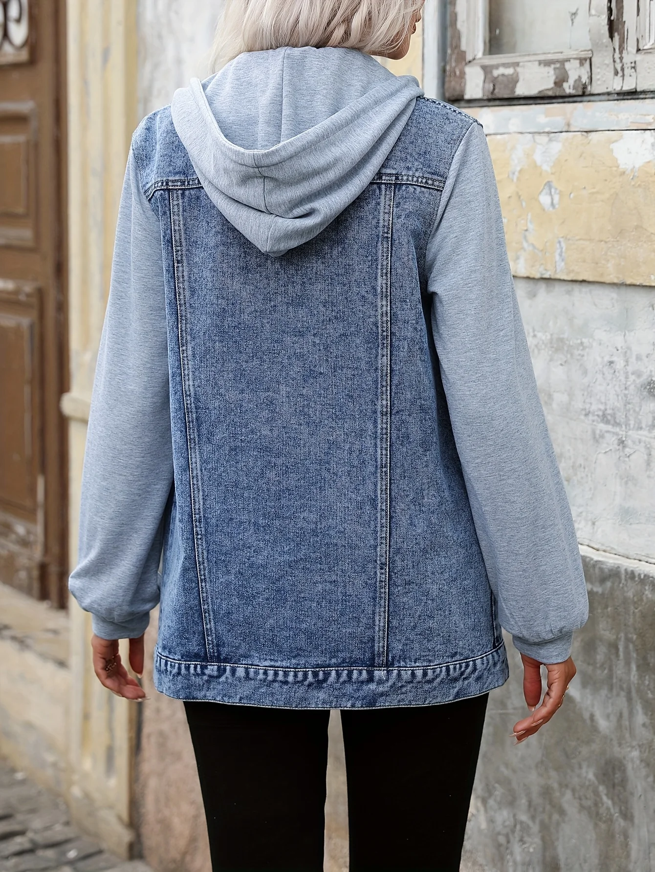 سترة الدنيم معطف المرأة فضفاضة خياطة طويلة الأكمام مقنعين البلوز #2